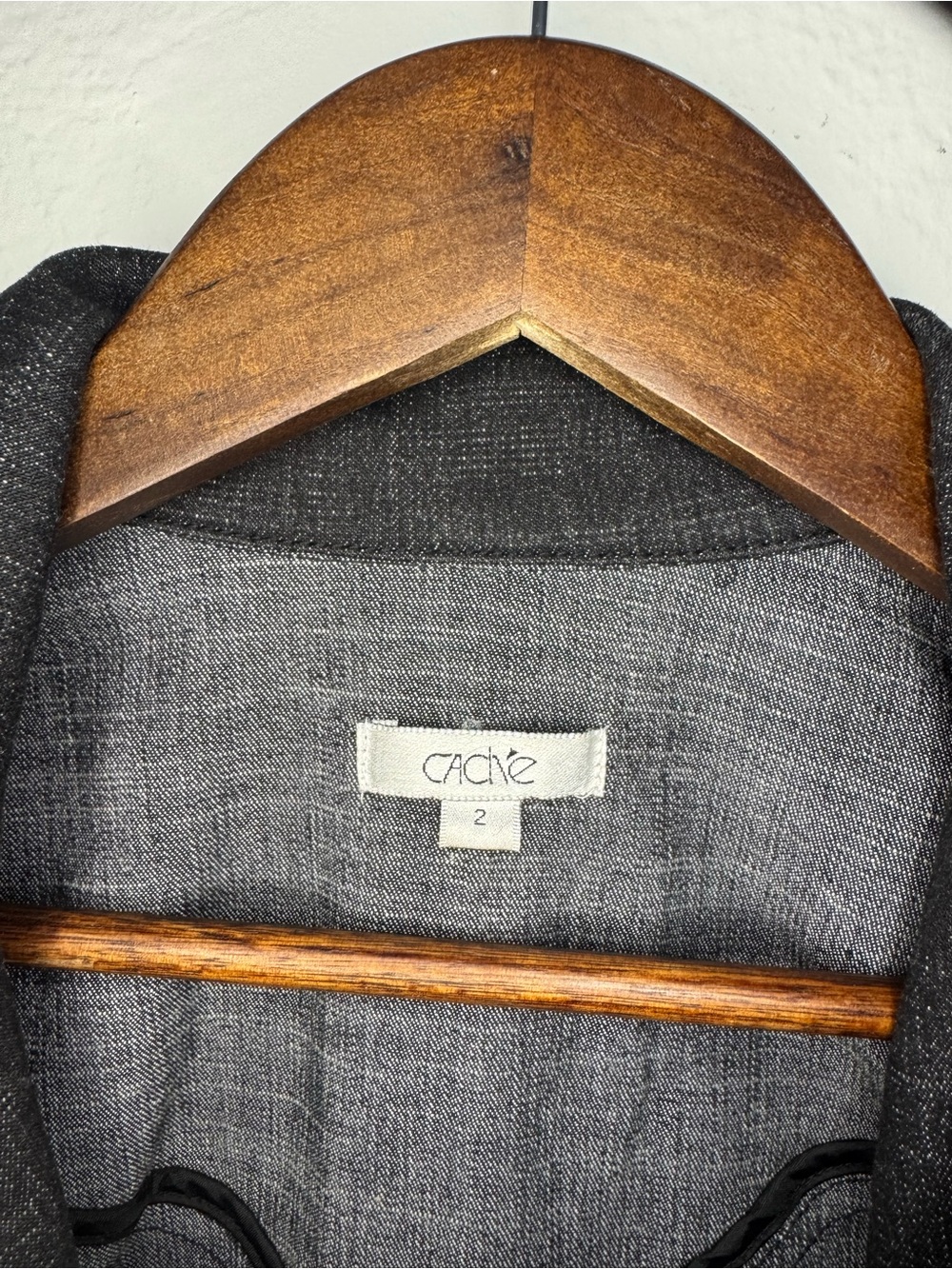 Cache Denim Blazer Jacket Womens 2 Black Frayed-Trim Notched Office - Picture 12 of 14